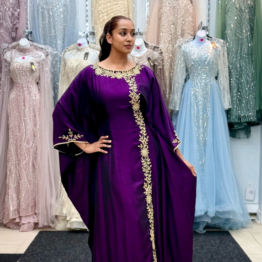 Elegant Purple Kaftan Dress with Gold Embroidery